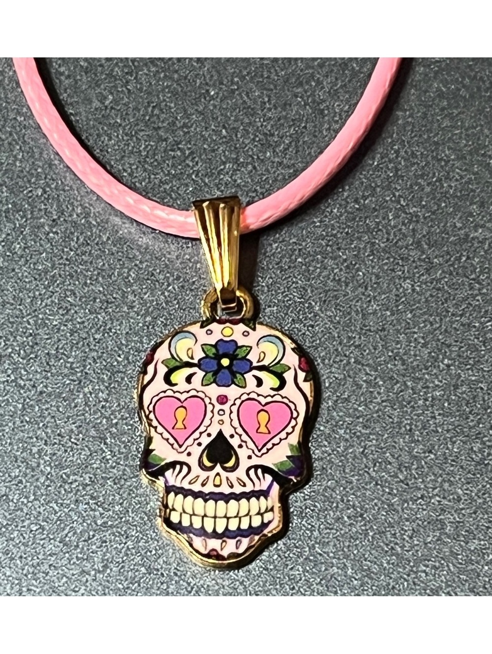 Cute Pink Sugar Skull Pendant Necklace - Day of the Dead Vibes!